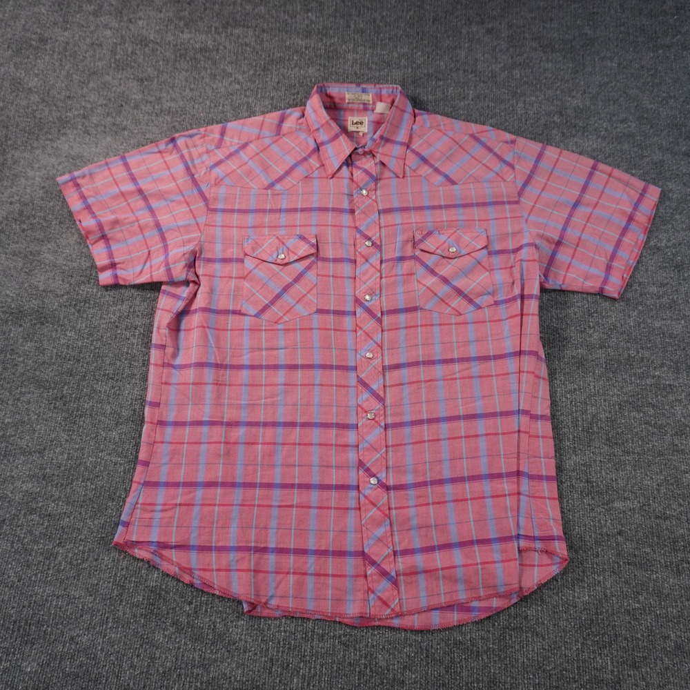 Vintage Lee Western Shirt Mens XL Pink Plaid Pearl Snap Short Sleeve Raw Hem 80s